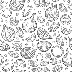 Vector seamless pattern with outline onion bulb and slices. Sketch onion illustration with cut and whole bulbs, slices, rings. Onion background.