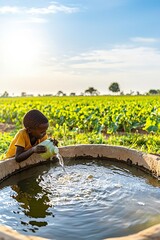 Child drinking clean water from a well near a crop field, food-water security link