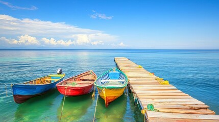 Obraz premium Empty Fishing Boats Tied at a Quiet Dock Scenic Beach Photography Calm Waters Vibrant Colors