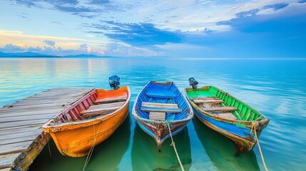 Obraz premium Empty fishing boats tied at a dock, overfishing and food insecurity message