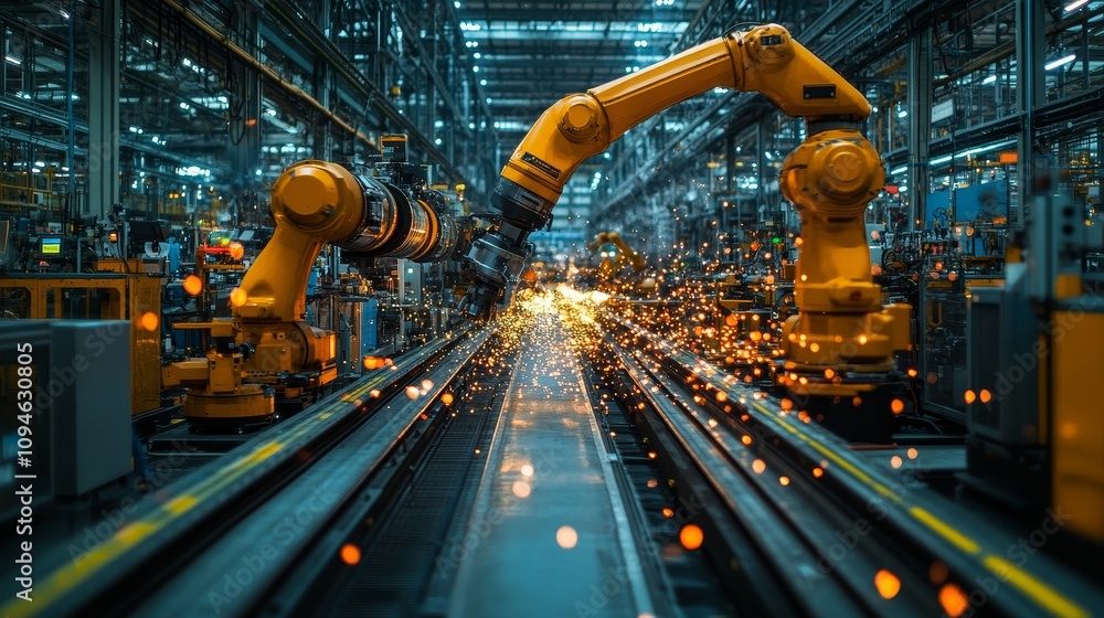 Poster two industrial robots working in a factory setting