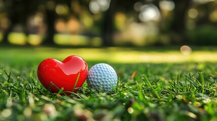 Naklejka premium Red heart shape with golf ball on green grass .
