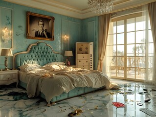 The crime scene is set in a luxury hotel suite. The safe is open, jewelry is scattered everywhere, the sliding glass door to the balcony is open, the atmosphere is reminiscent of spectacular break-in.