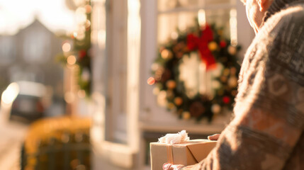 Elderly person carrying a beautifully wrapped gift while standing outside a charming home adorned with festive Christmas decorations and a colorful wreath in golden sunlight