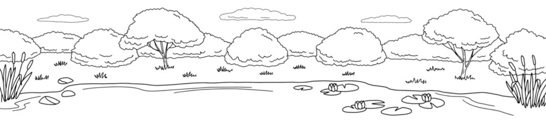 Lake graphic black white landscape sketch long illustration vector 