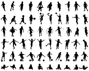 Naklejka premium Black silhouettes of children playing, illustration on a white background