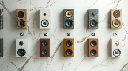 Obraz premium A contemporary living room wall featuring built-in architectural speakers in an artistic layout, with 10 speakers spread across a white marble background. 
