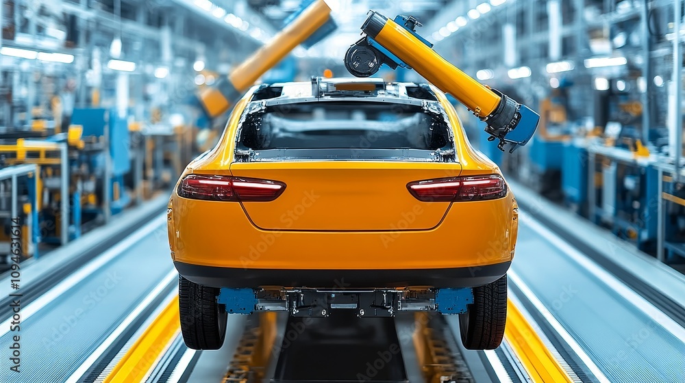 Poster robotic arm assembling a yellow car on an automated production line