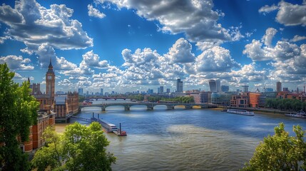Naklejka premium A scenic view of a river with bridges and buildings under a blue sky filled with clouds.