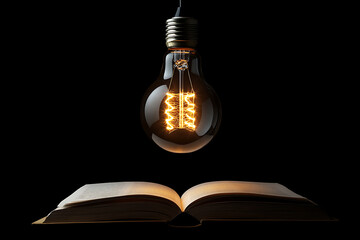 Illuminating Ideas: Vintage Lightbulb above Open Book. A captivating image representing knowledge, inspiration, and the pursuit of wisdom through reading.