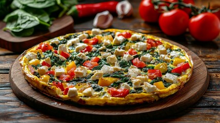 Savory vegetable frittata recipe kitchen food photography rustic setting close-up view healthy cooking concept