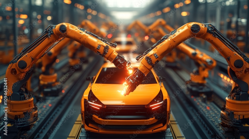Poster robotic arms assembling a car on an automated production line