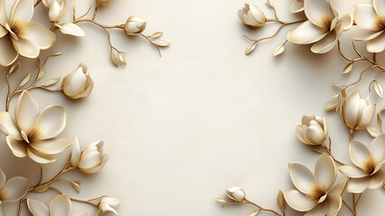 3D beige background with white magnolia flowers and golden branches along the edges, empty space in the center for text, an elegant and luxurious wallpaper design.