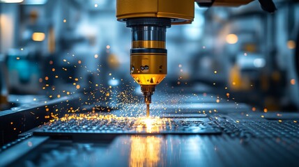 Close-up of a CNC Machine Drilling a Metal Sheet with Sparks Flying