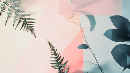 Elegant Overlay of Green Leaves and Ferns on Soft Colorful Background for Nature-Inspired Design and Decoration Purposes