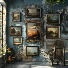 Rustic Room Interior with Vintage Landscape Paintings on Distressed Wall