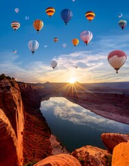 Naklejka premium Hot air balloons floating above a canyon during sunrise, vibrant skies, and reflections on water