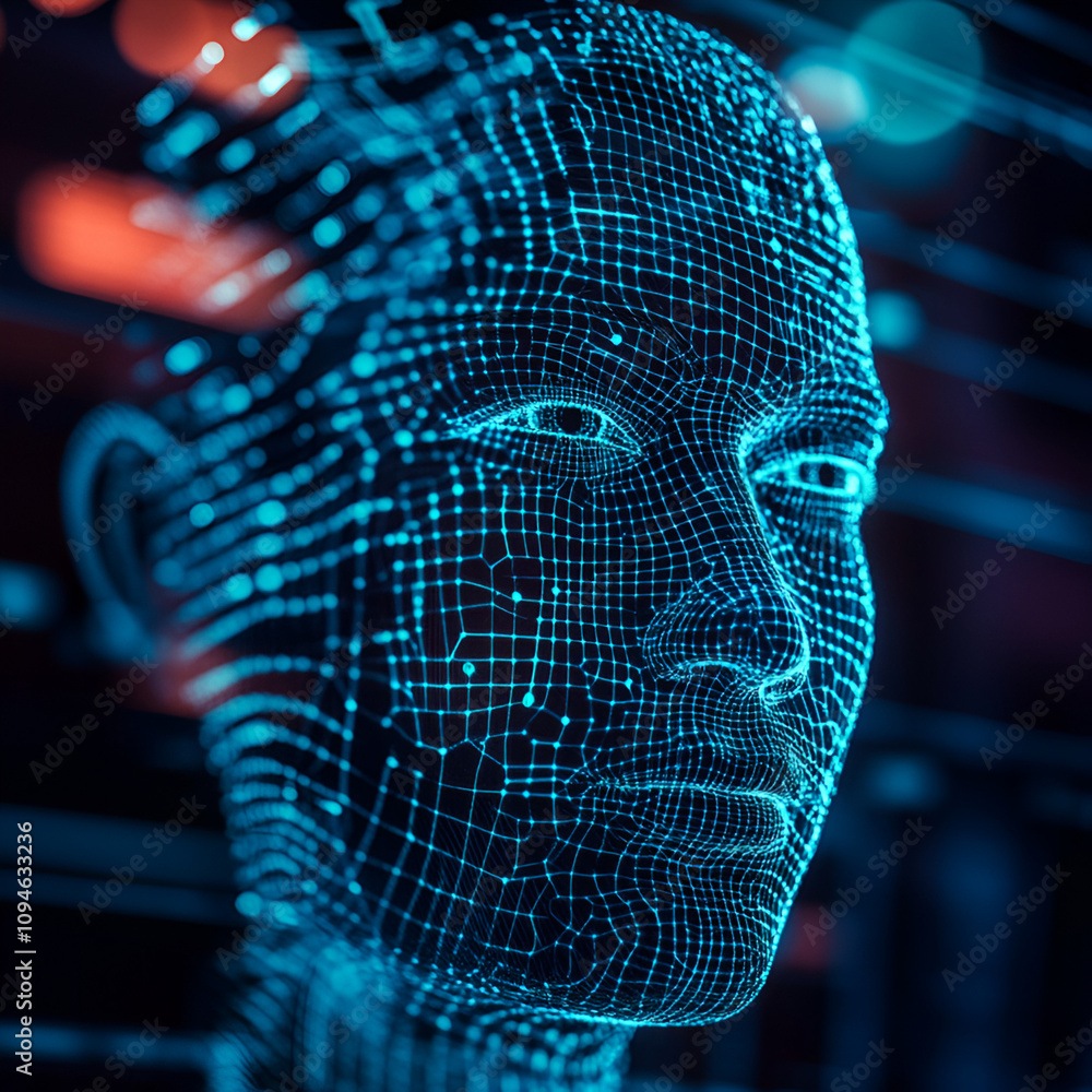 Poster exploring artificial intelligence innovations digital realm visual art futuristic environment close-