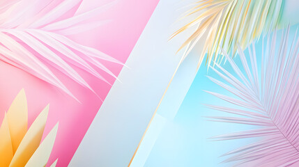 Vibrant Tropical Background with Pastel Pink and Blue Shades Featuring Exotic Palm Leaves for Summer Vibes and Creative Projects