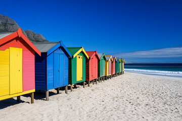 Row of colorful beach huts lined up along a sandy shore. Generative AI