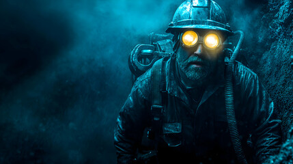 Grizzled Miner Navigates Dark, Dusty Tunnel with Glowing Headlamp, Exploring Deep Underground
