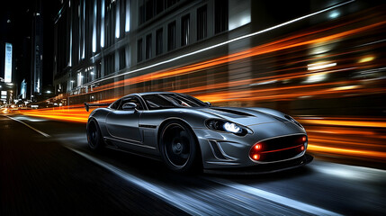 Fototapeta premium Sleek Sports Car Speeds Through City at Night, Blurred Lights Streaking Past, Dynamic Motion