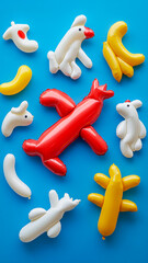 A vibrant blue background with various balloon animals and other playful shapes, arranged in an...