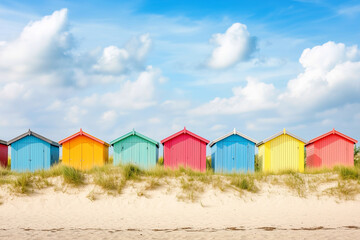 Fototapeta premium Row of colorful beach huts lined up along a sandy shore. Generative AI