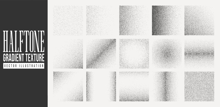 Set of gradient noise, grain or halftone texture, stipple element, black and white dotted grainy abstract square shape with grunge effect and dot pixel geometric pattern for social media. Halftone art