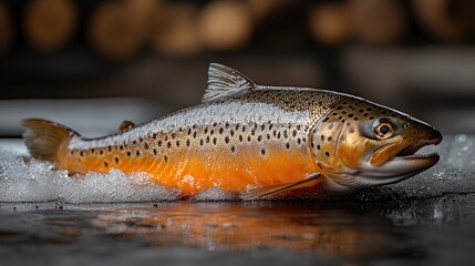 Obraz premium Freshly caught brown trout on ice.