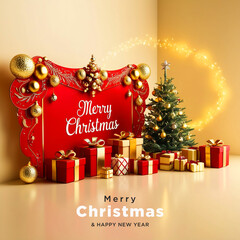Christmas background with red gifts and christmas tree.