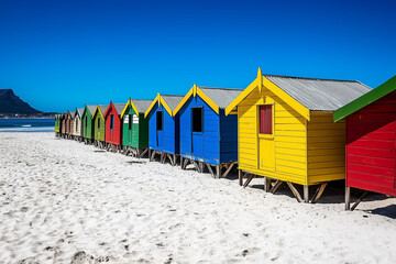 Row of colorful beach huts lined up along a sandy shore. Generative AI
