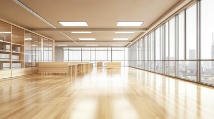 A modern office featuring polished wood flooring and expansive windows that let in abundant natural light. Bright LED panels are embedded in the ceiling, casting an even glow over the workspace. 