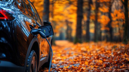A black car is parked by a scenic pathway surrounded by tall trees adorned with brilliant orange and yellow foliage. Leaves blanket the ground, enhancing the autumn atmosphere.