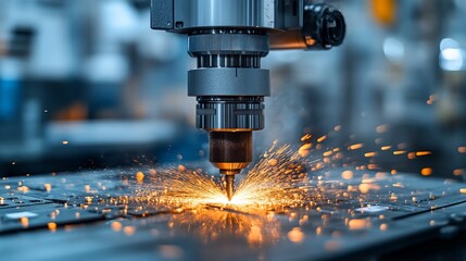Close-up of a drill bit cutting metal with sparks flying