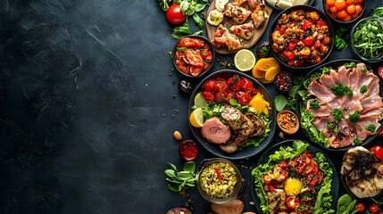 Fototapeta premium A Delicious Array of Grilled Meats, Roasted Vegetables, and Savory Dishes on Dark Background