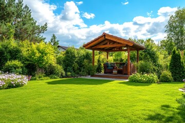 Obraz premium Wooden gazebo surrounded by lush green garden on a sunny day