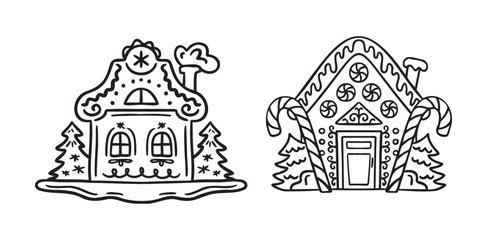 Hand drawn doodle cute gingerbread houses set. Christmas sweets and treats, gingerbread house shaped gingerbread cookies with decoration