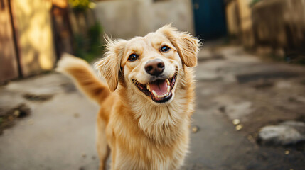 A dog happily wagging its tail as its owner returns home, radiating joy and excitement.
