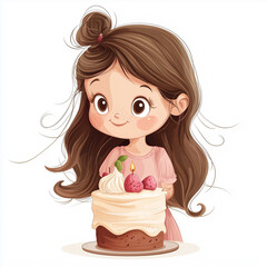 little girl with birthday cake. illustration on white background