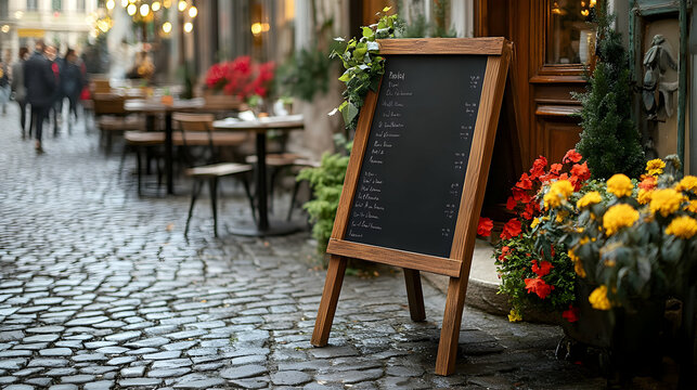 A Wooden Menu Board Displays Restaurant Prices on a Cobblestone Street