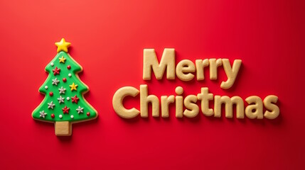 Naklejka premium Cookies in shape of Christmas tree with MERRY CHRISTMAS text on red background, New Year banner for invitation, greeting or Christmas sale.