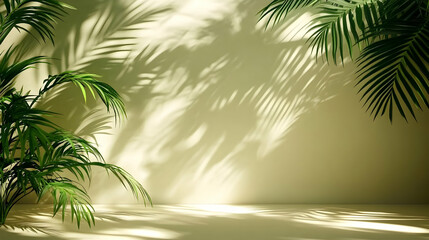 Fototapeta premium 3D Render: Lush Palm Fronds Cast Shadows on a Pale Green Wall, creating a Tropical Background