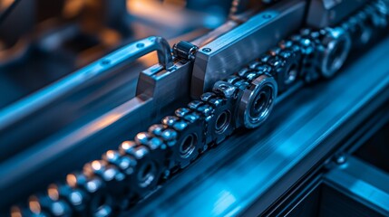 Close-up of a metallic chain drive system with gears