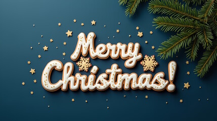 Naklejka premium Cookies in shape of MERRY CHRISTMAS text on festive background with fir branch, New Year banner for invitation, greeting or Christmas sale.