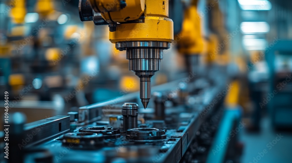 Poster close-up of a robotic arm drilling a metal part on an assembly line