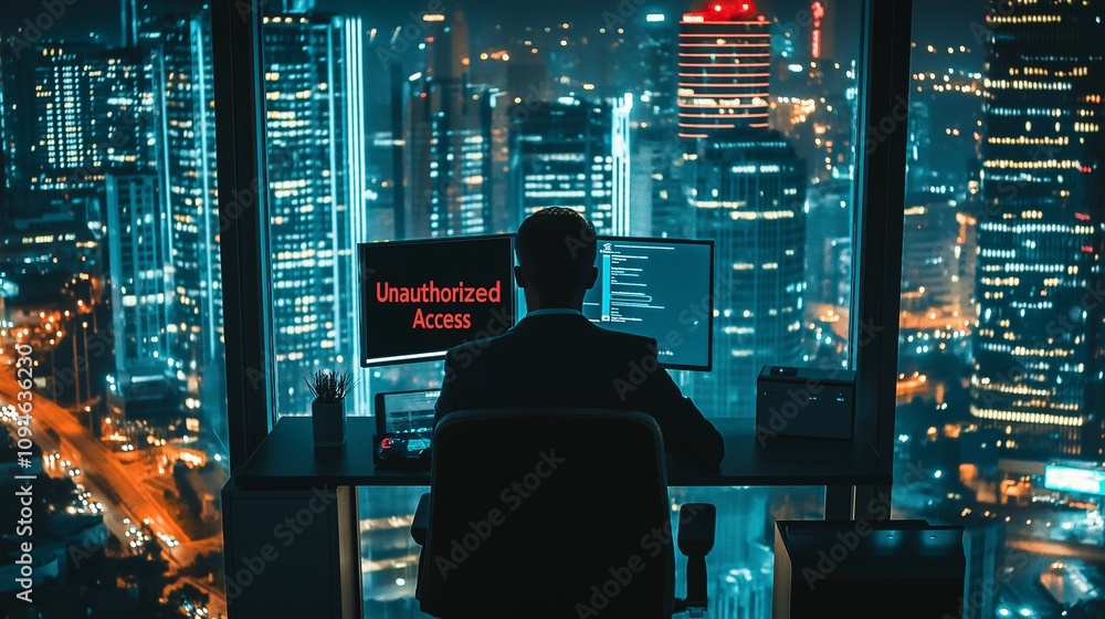 Poster night city hacker: a lone figure sits before dual monitors displaying unauthorized access in a high-