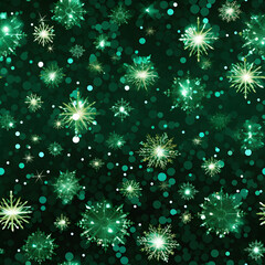 Fototapeta premium Christmas seamless pattern glowing green snowflakes on a dark, sparkly background. As holiday wrapping paper, festive digital paper, blog posts, packaging, card, backdrop.