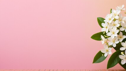 Naklejka premium A bouquet of white flowers with green leaves is displayed against a pink background.