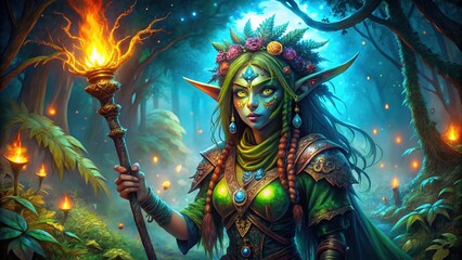 In a whimsical fantasy realm, a charming goblin girl in shaman garb holds a staff, her pointed finger channeling ancient magic amidst swirling enchantments.